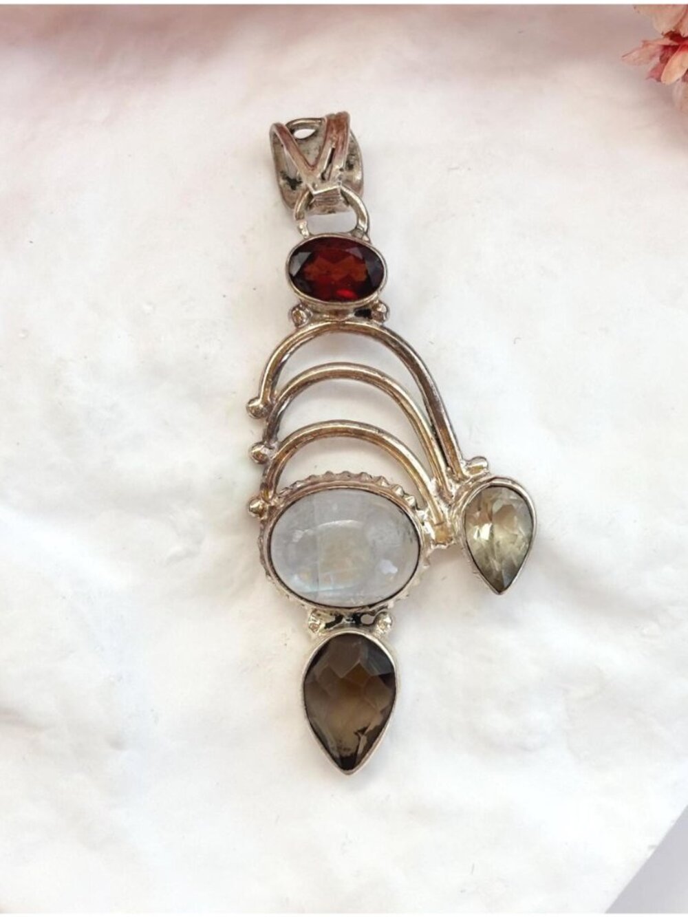 Modernist Swirly MoonstoneMulti  Gemstone Sterling Silver Vintage 925 Pendant